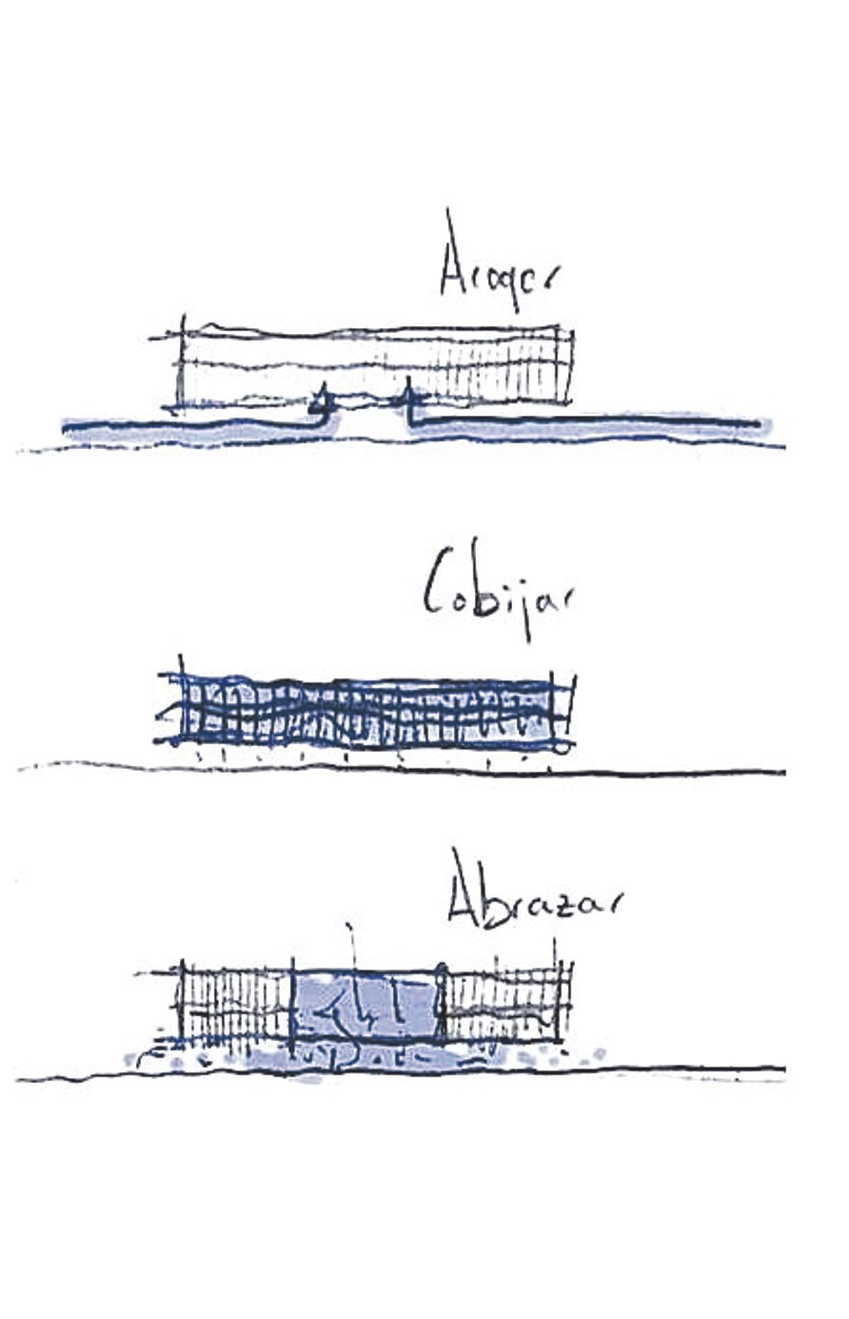 Esbozos del proyecto presentado por los arquitectos Rasilla-Coloma bajo el lema "Acoger, cobijar, abrazar".