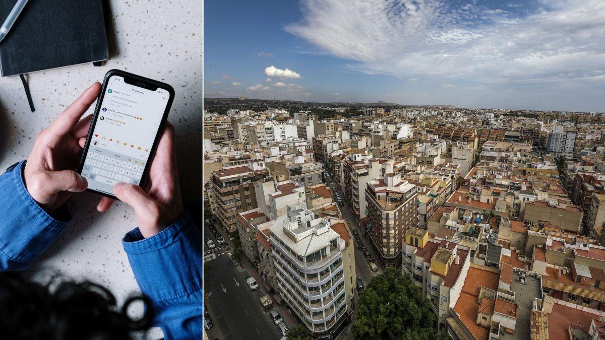 Un joven utiliza un móvil junto a una panorámica de Elche en una imagen de archivo