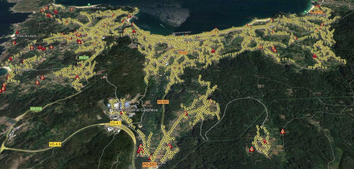 Un mapa con las localizaciones de todos los puntos de luz en el Concello de Bueu.