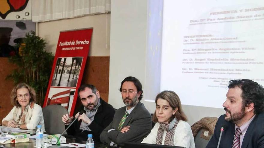 Paz Andrés, Manuel Hernández, Benito Aláez, Margarita Argüelles y Ángel Espiniella, ayer en la Facultad de Derecho.