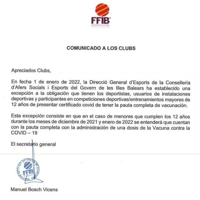 Comunicado de la FFIB a los clubes