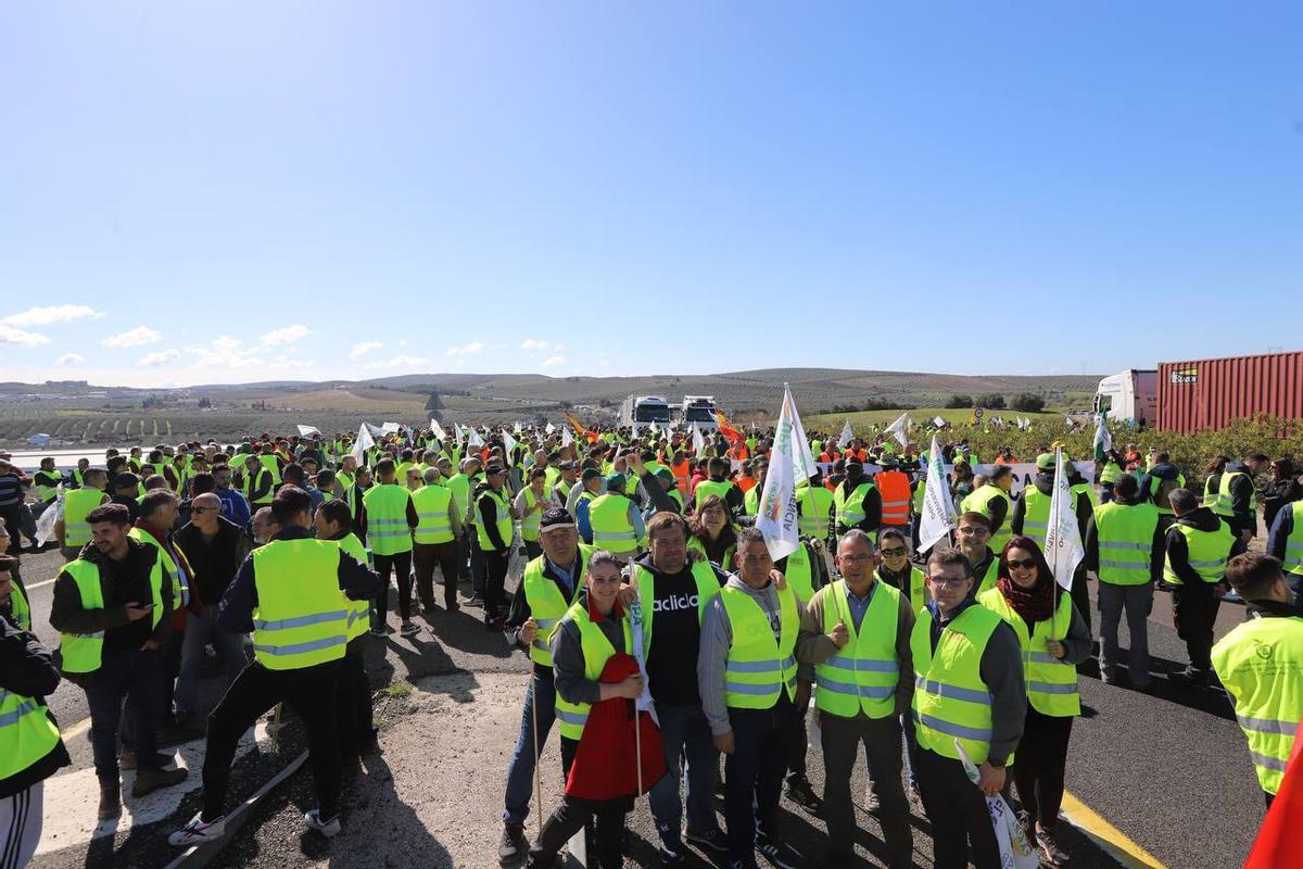 Agricultores en la calzada de la A-45