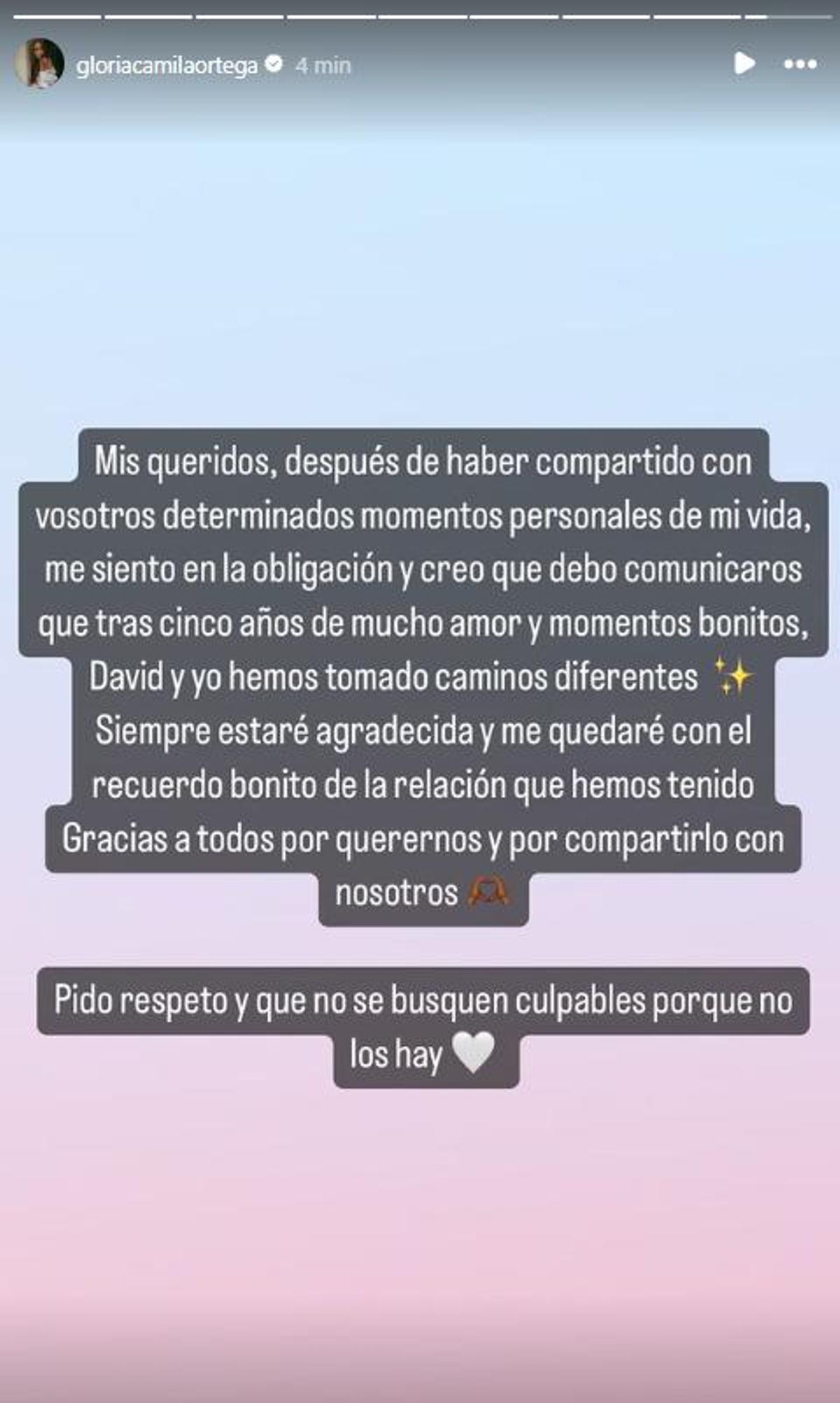 El mensaje de Gloria Camila donde anuncia la ruptura con su novio