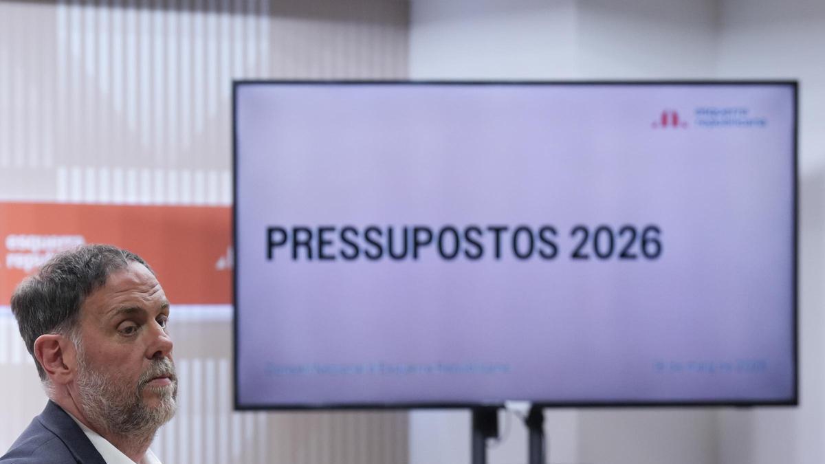 El líder de ERC, Oriol Junqueras, este martes en la rueda de prensa sobre los presupuestos.