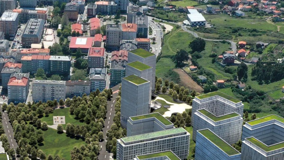 Recreación infográfica del polígono de San Pedro de Visma antes del último cambio realizado por los promotores. En el centro de la imagen, las tres torres proyectadas junto a O Ventorrillo con 19 alturas y un bajo, que ahora pasarán a 16 alturas y dos bajos. | // LA OPINIÓN