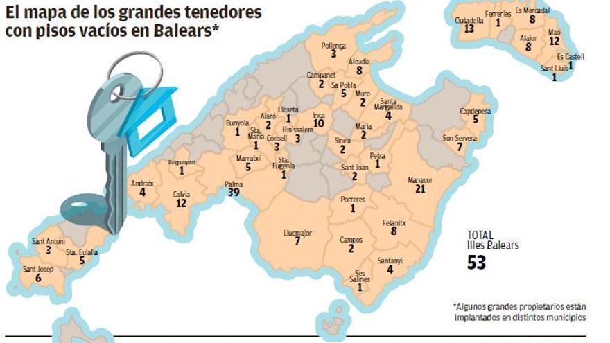 Mapa de los grandes tenedores con pisos vacíos en Baleares.