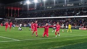 El St Louis City SC celebra un gol ante los Quakes