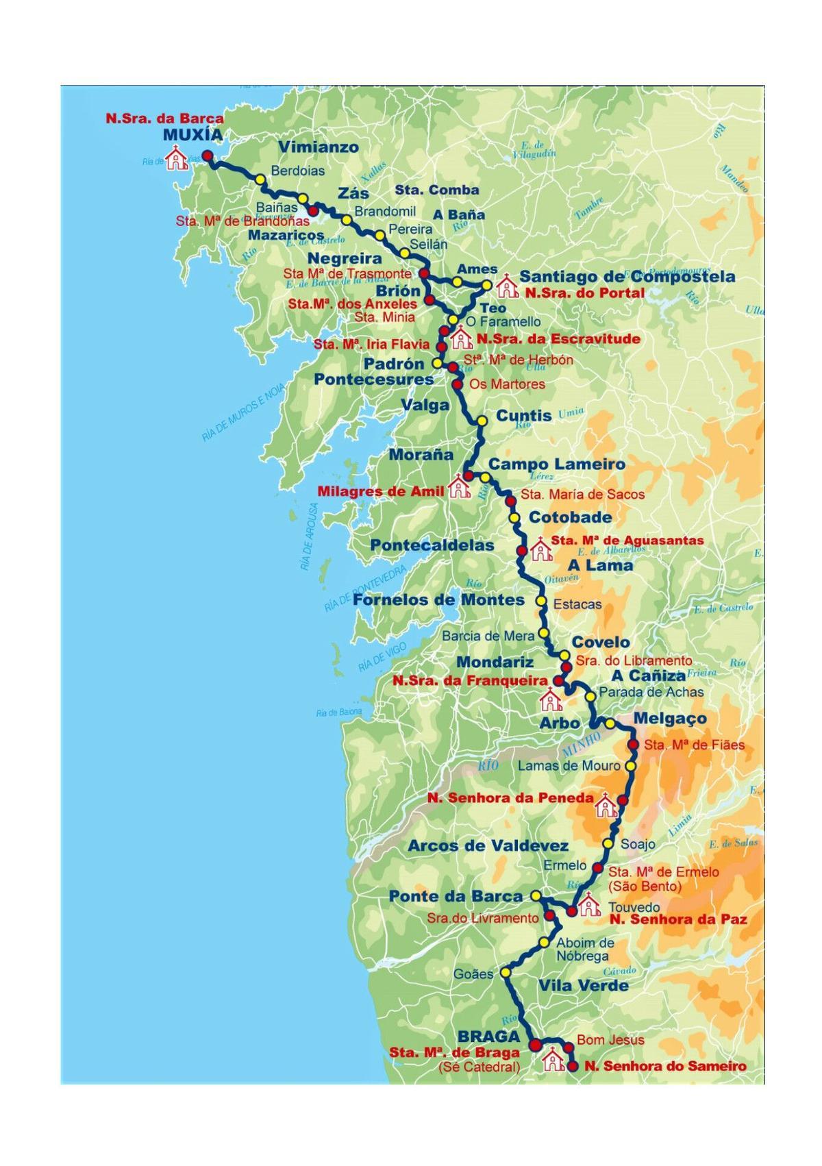Itinerario de la Vía Mariana, desde Braga hasta Muxía.