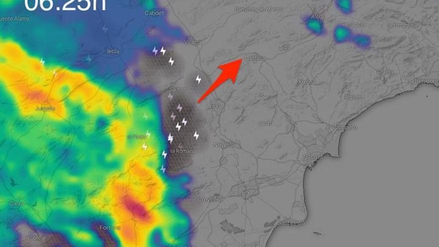 Mapa de la tormenta avanzando por el Alto y Medio Vinalopó.