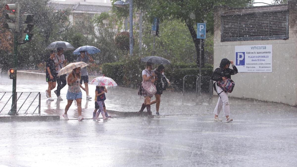 Viandantes caminan bajo la lluvia este viernes en Córdoba.