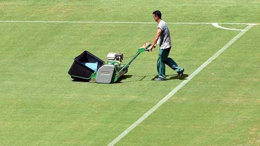 Un operario corta el césped del estadio Amazonia