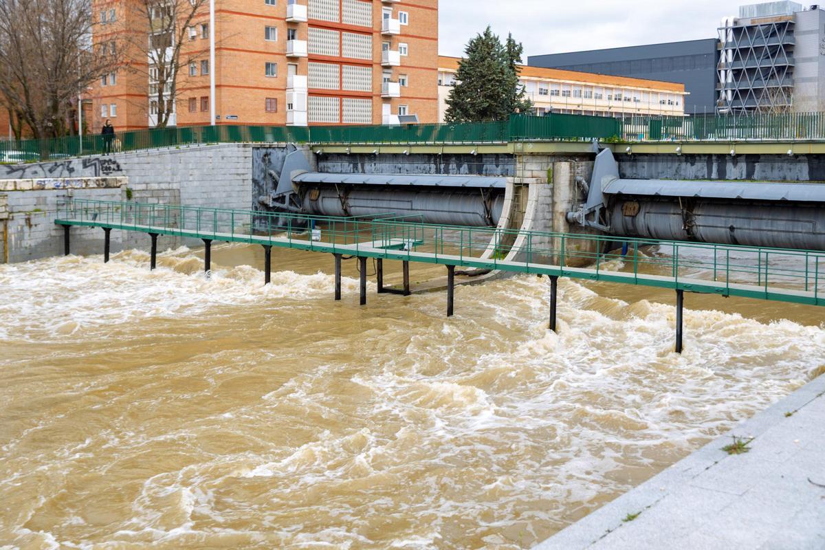 Vista del río Manzanares bajando con furia este miércoles a su paso por el Puente de los franceses de Madrid.