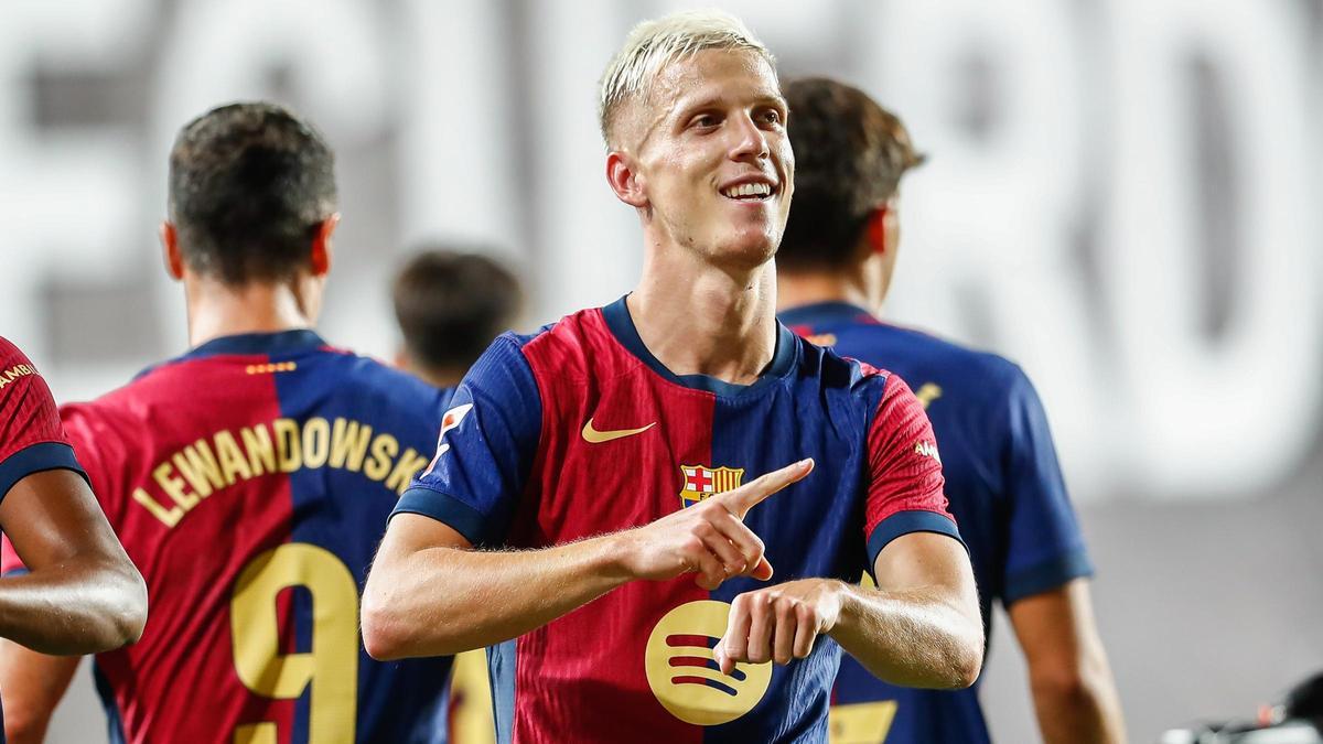 Dani Olmo celebra su gol en Vallecas, el decisivo 1-2 que permitió al Barça ganar al Rayo.