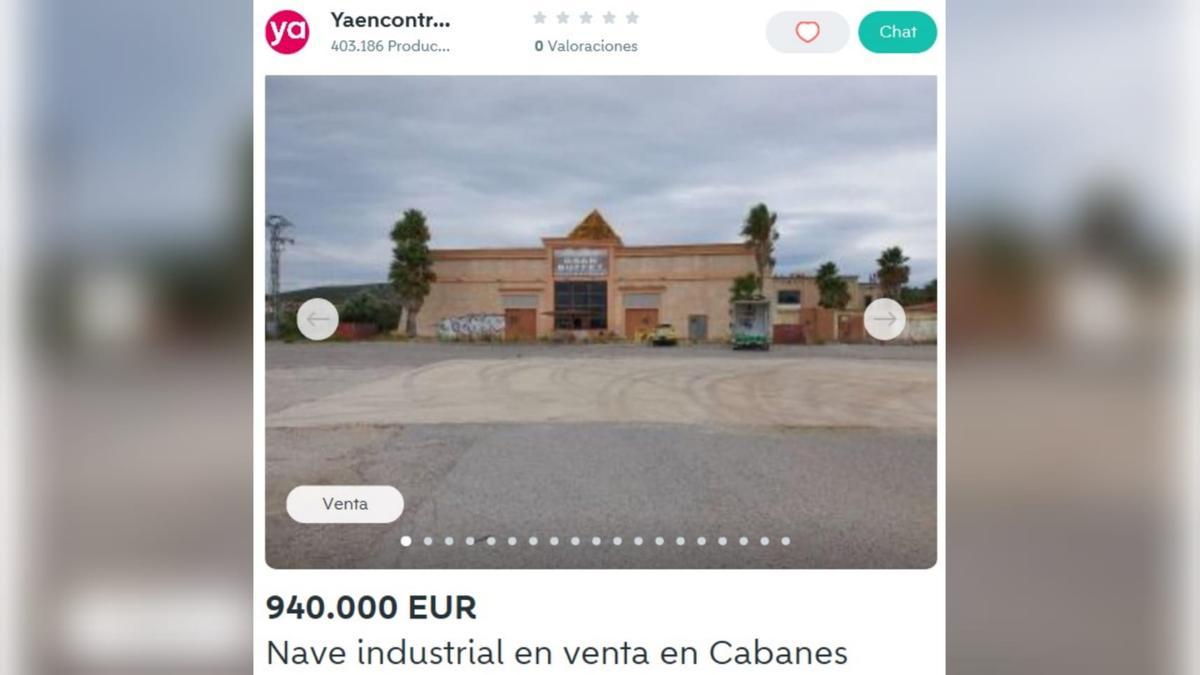 Captura de la oferta de Wallapop con la que ponen a la venta la nave de Pirámide, en Cabanes.