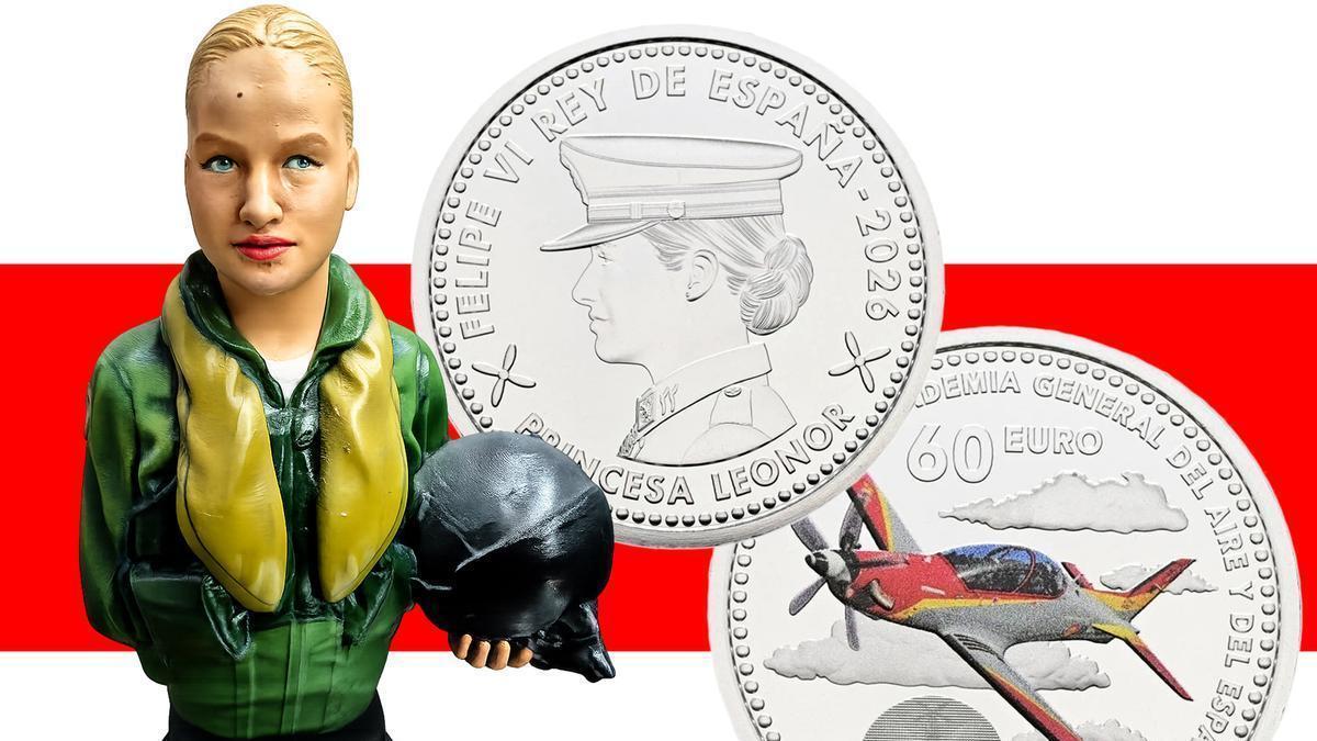 La moneda de la Real Casa de la Moneda y el busto de Leonor con mono de vuelo recuerdan su formación en la Academia General del Aire de San Javier
