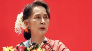 Aung San Suu Kyi en una conferencia internacional en el año 2019