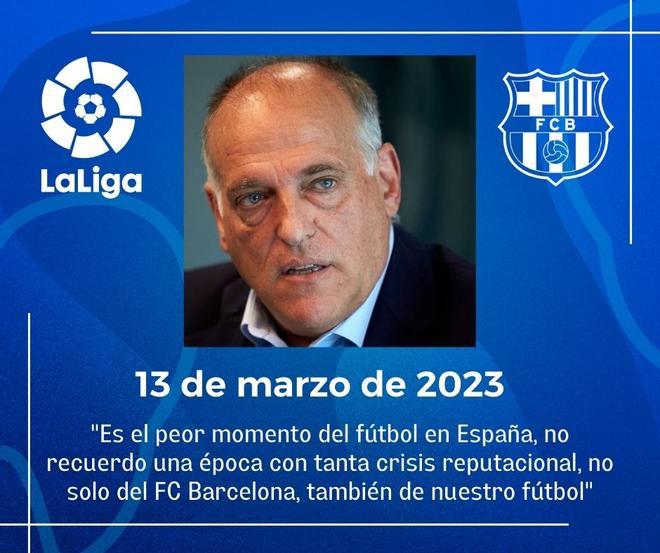 Tebas: Es el peor momento del fútbol en España, no recuerdo una época con tanta crisis reputacional, no solo del FC Barcelona, también de nuestro fútbol. Tenemos que llegar hasta el final y si hay culpables, quien lo sea, que asuma su responsabilidad.