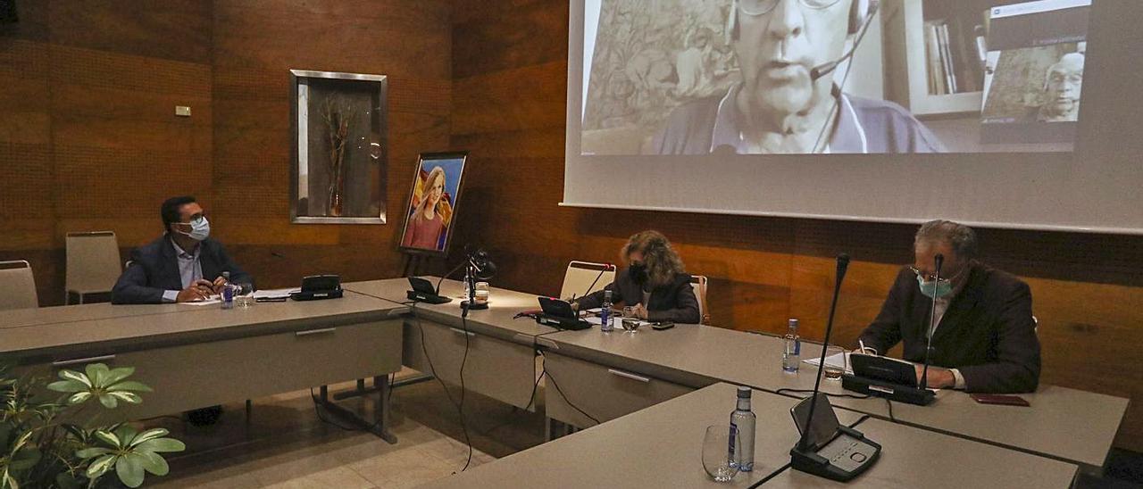 El profesor José Molero, durante su videoconferencia; en la mesa, por la izquierda, Antonio García, Ruth Rama y Daniele Archibugi, ayer, en los cursos de La Granda. | Ricardo Solís