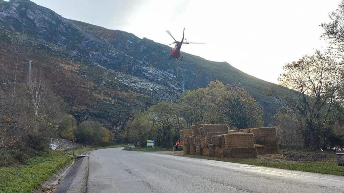 Un helicóptero esparciendo paja en el entorno de Tanes.