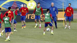 Vicente del Bosque y los jugadores en el entrenamiento del viernes en la Isla de Ré.