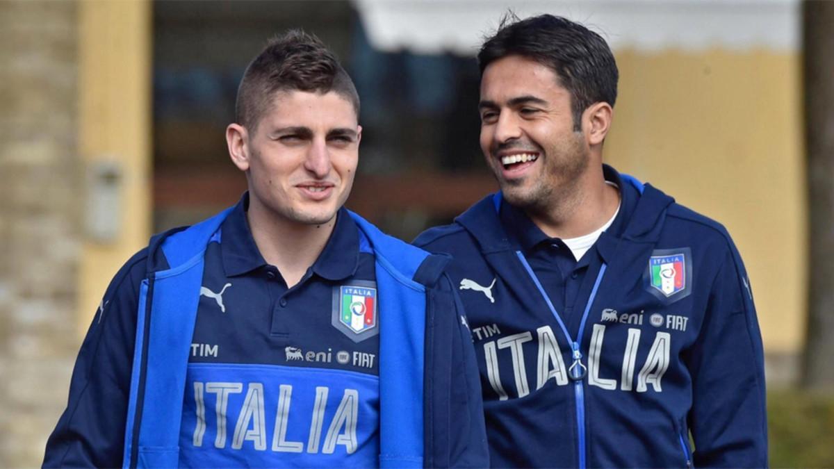 Marco Verratti (izquierda) junto a Eder durante la concentración de la selección italiana previa al partido contra Albania