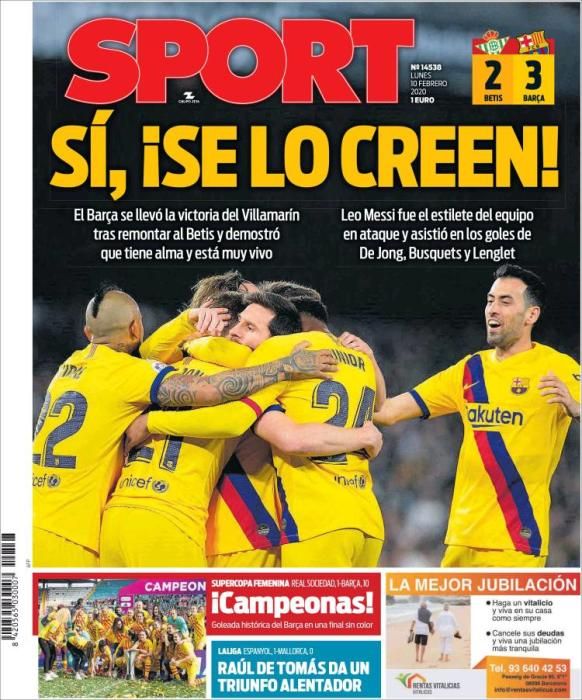 Portada SPORT lunes 10 febrero 2020