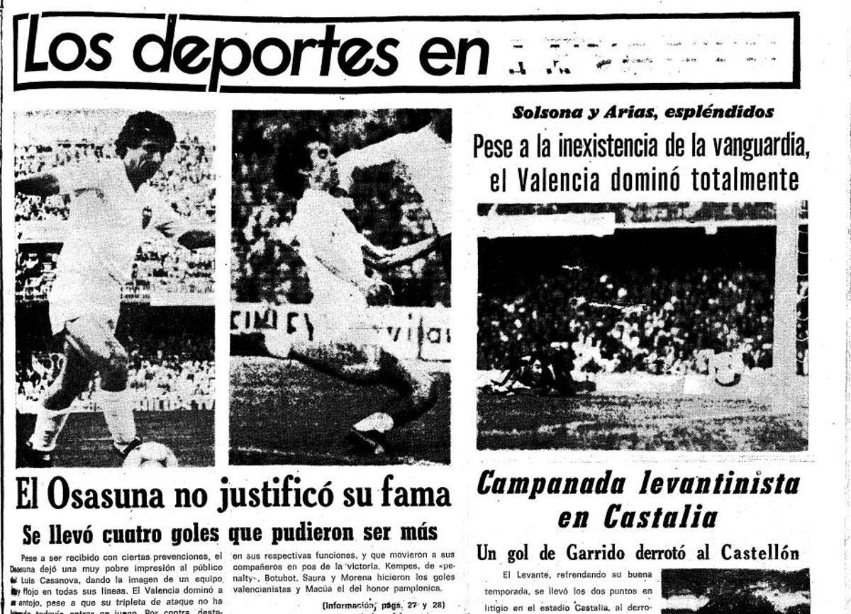 Portada de Levante tras el Valencia Osasuna de 1980