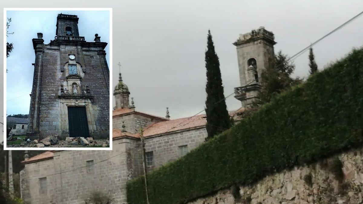 Vista de la cúpula destrozada de la iglesia de Reboreda tras el impacto de un rayo.
