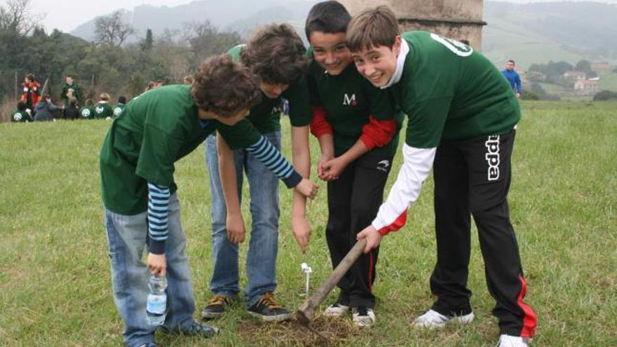 Un grupo de escolares del San Félix, plantando uno de los manzanos en Albandi, ayer.