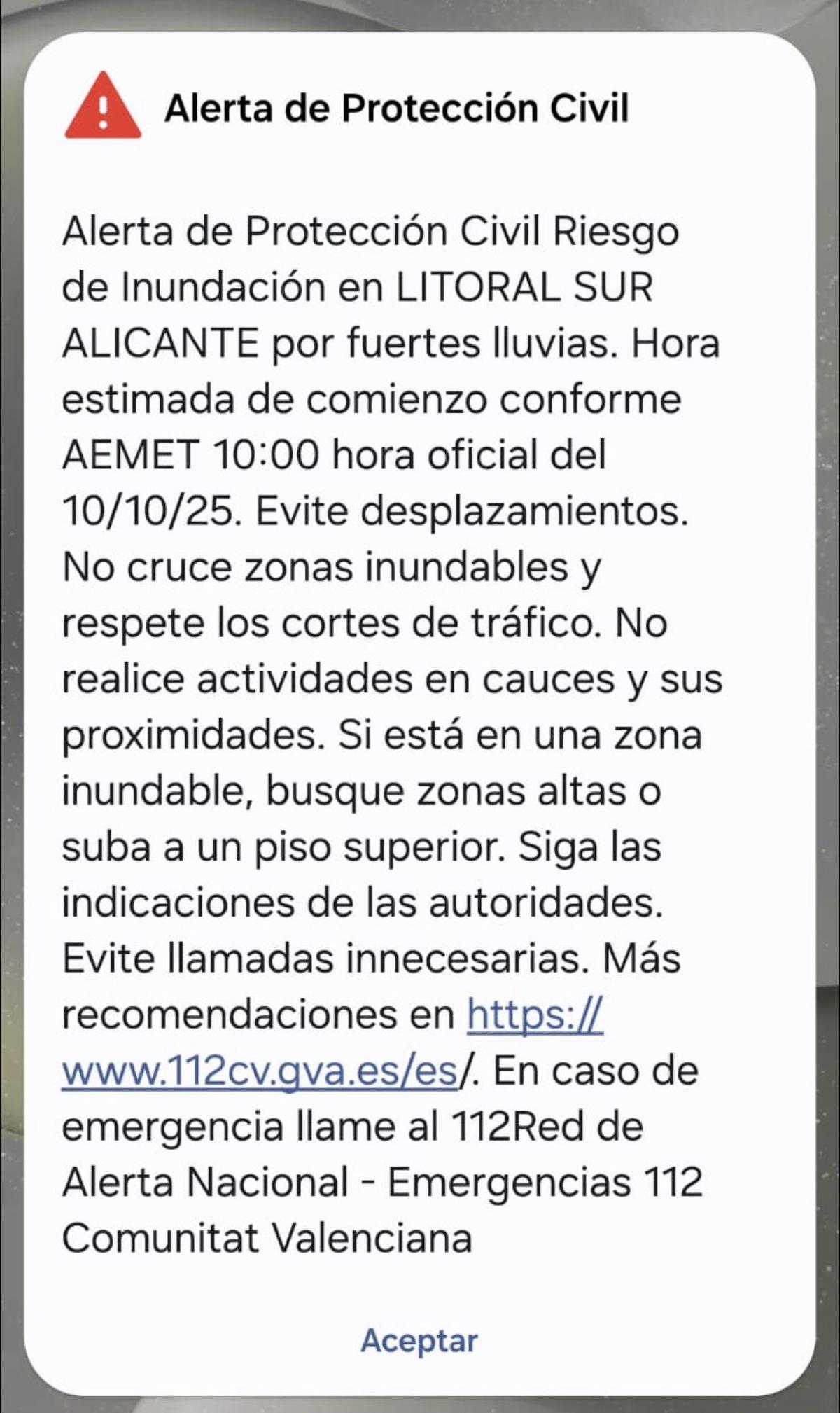 El mensaje lanzadpo este mediodía a las poblaciones del litoral sur de Alicante