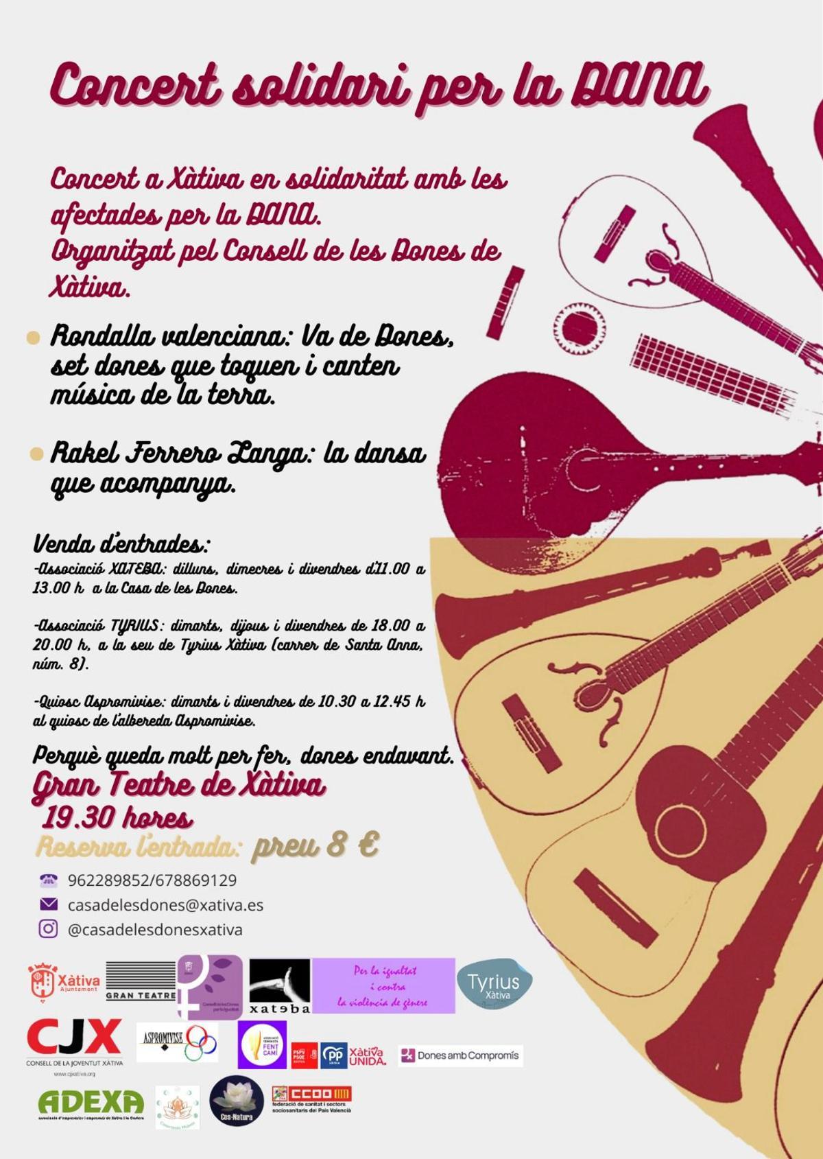 Cartel del concierto solidario por la dana coordinado en Xàtiva.