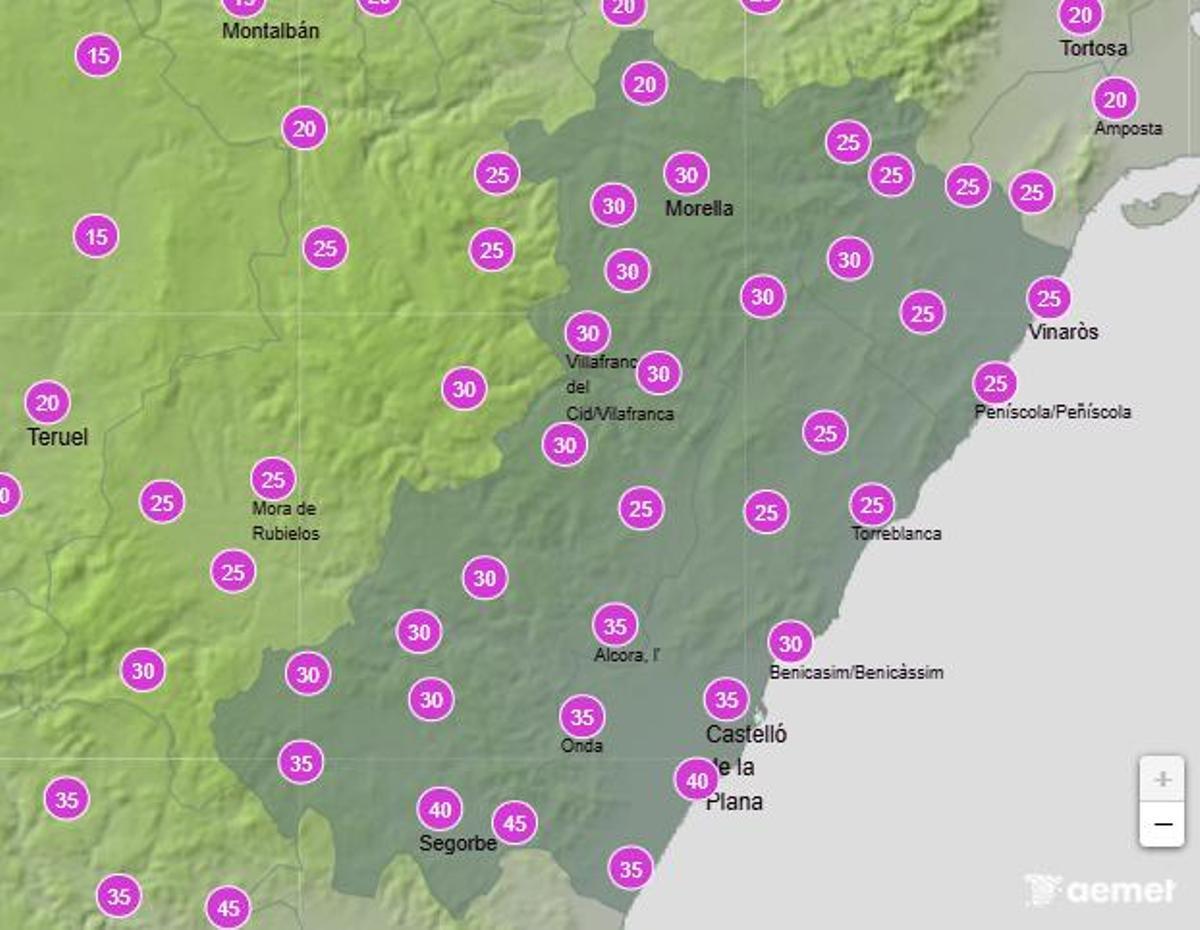 Probabilidad de lluvia en Castellón el lunes 5, entre las 18.00 y las 0.00 horas.