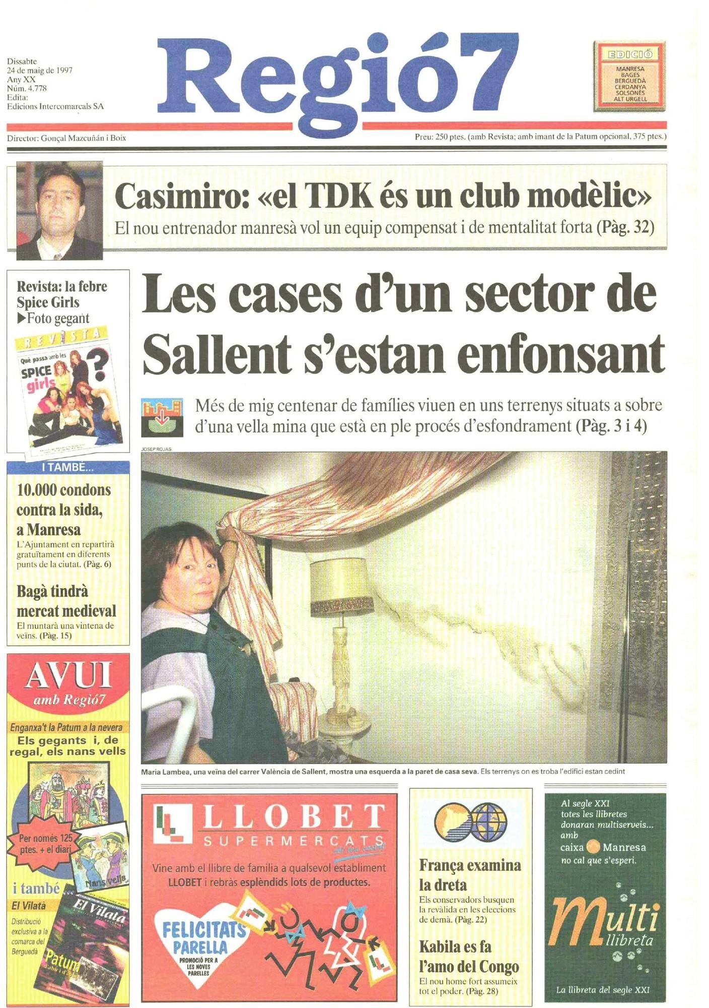 La portada del 24 de maig de 1997 en què s&#039;explicava que les cases del barri de l&#039;Estació de Sallent s&#039;enfonsaven