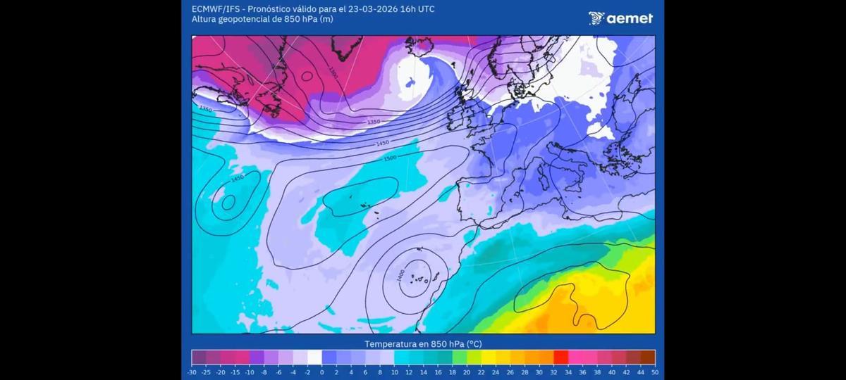 Mapa del tiempo de la Aemet para hoy lunes, 23 de marzo.