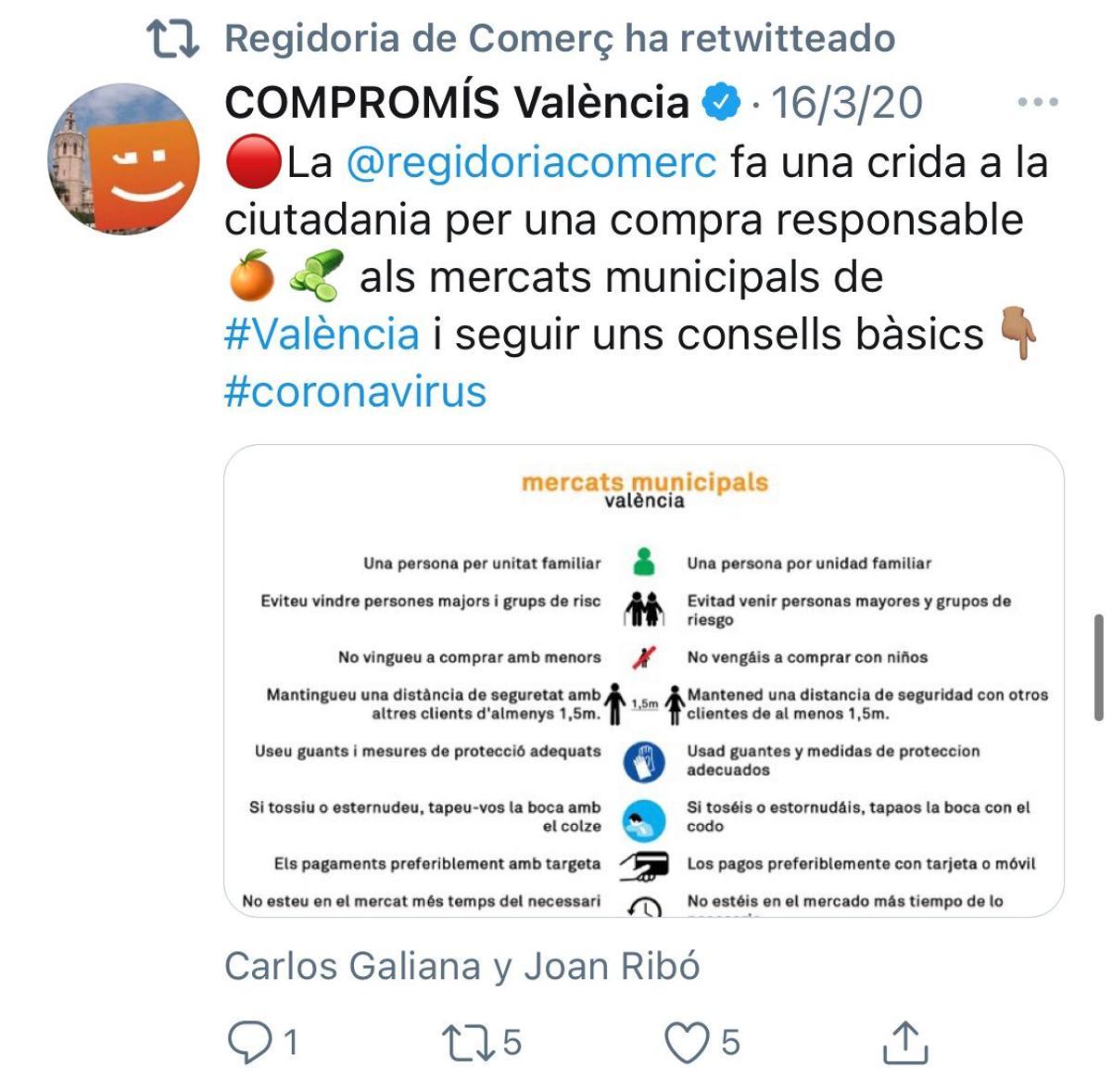 Captura de un tuit retuiteando desde la cuenta de la Regidoria de Comercio a la cuenta de Compromís València.
