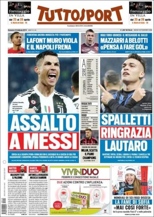 Portada TUTTOSPORT domingo 10 de febrero 2019