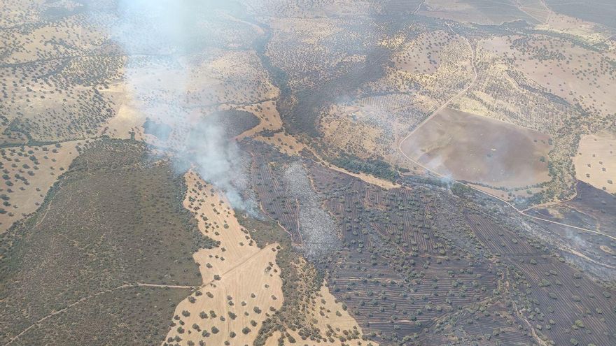 Se suman más efectivos a la extinción del incendio de nivel 1 de Oliva de Mérida