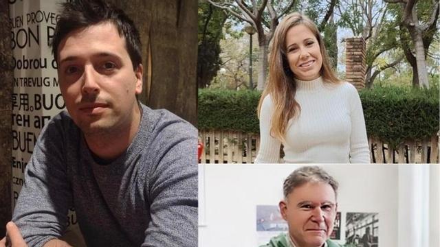 A la izquierda el aspirante a ser copadre, Diego Fuentes; a la derecha arriba la creadora de Copaternidad, Carmen Balaguer, y abajo, el sociólogo José García Marín.