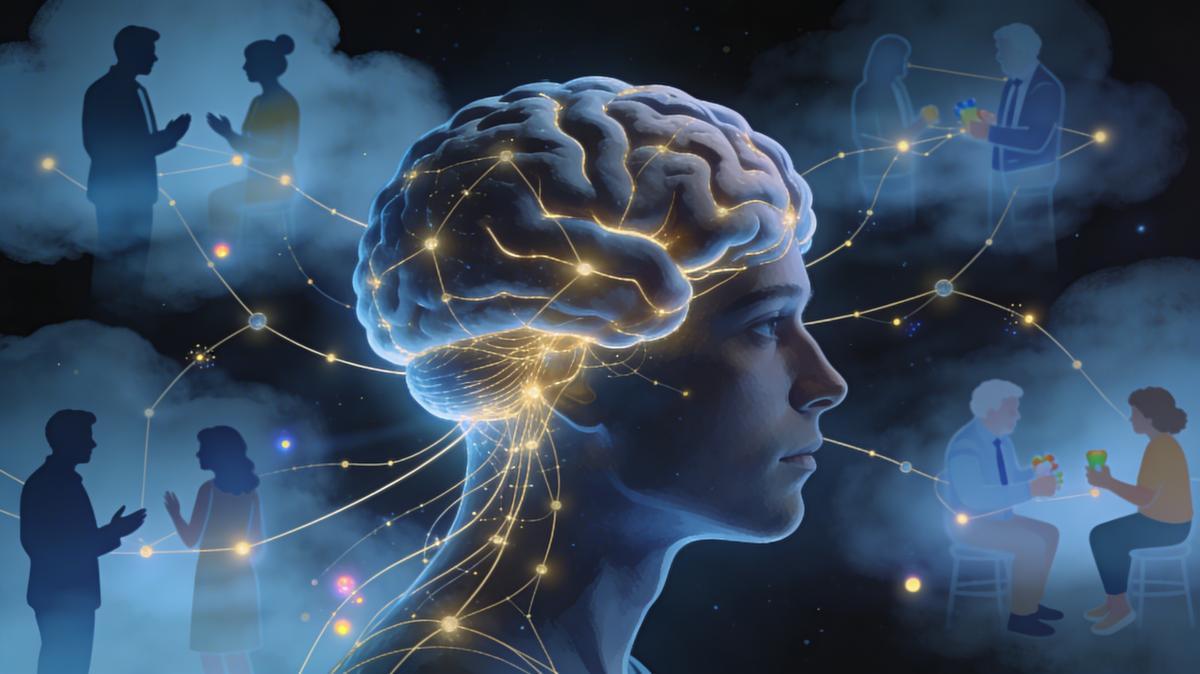 Cerebro social conectando con distintas personas mediante redes de luz, simbolizando cómo actualizamos en tiempo real lo que creemos que piensan los demás.