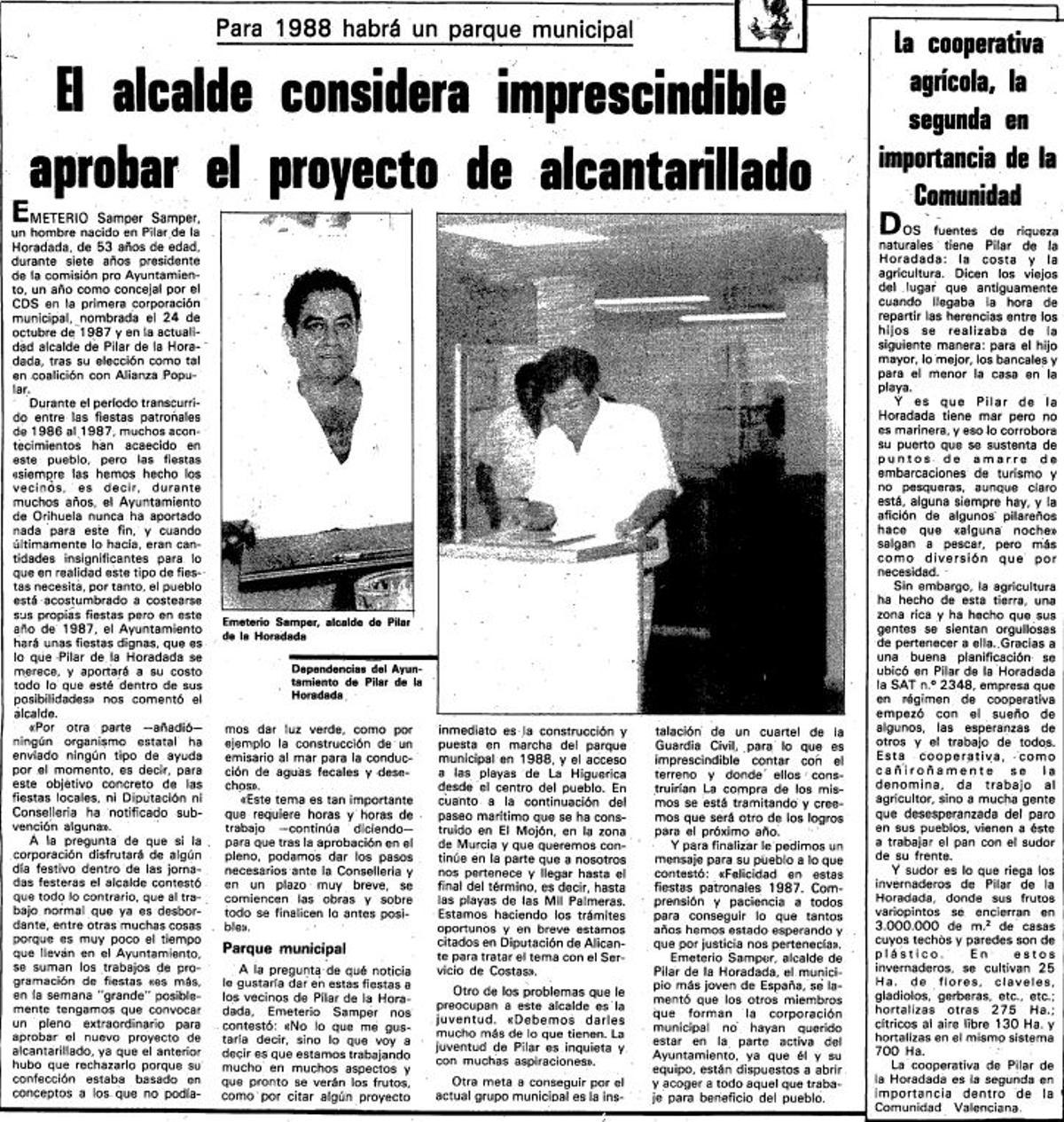 Una de las noticias de INFORMACIÓN en la que se daba cuenta de la gestión del primer alcalde de Pilar de la Horadada