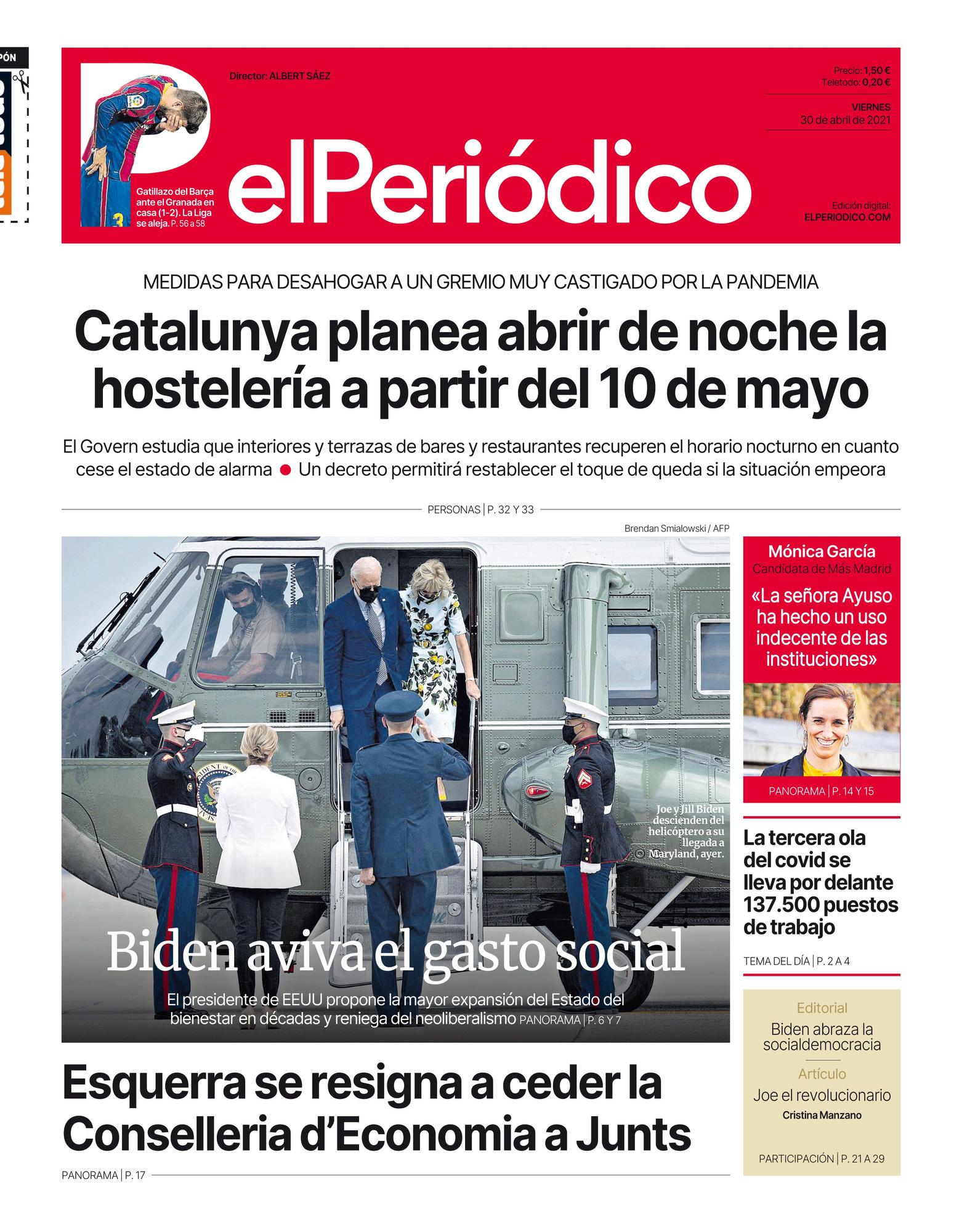 La portada de EL PERIÓDICO del 30 de abril de 2021