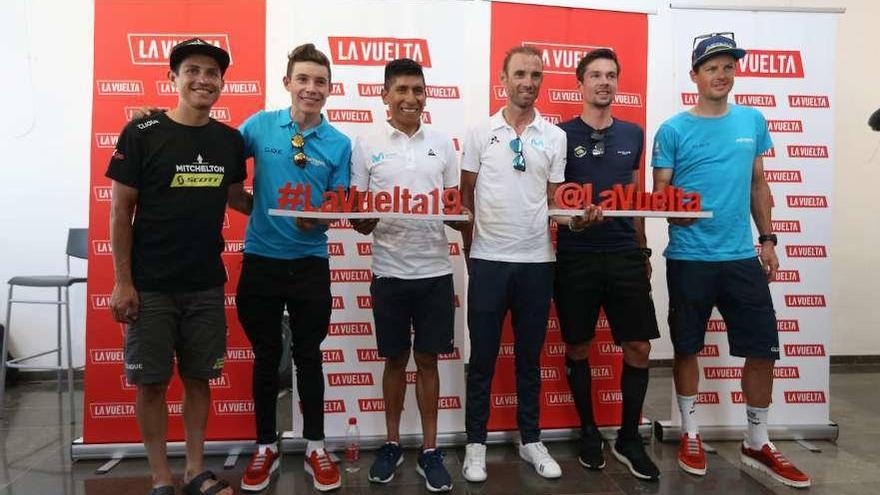 Esteban Cháves, Miguel Ángel López, Nairo Quintana, Alejandro Valverde, Roglic y Kruijswijk, ayer. // Javier Lizón