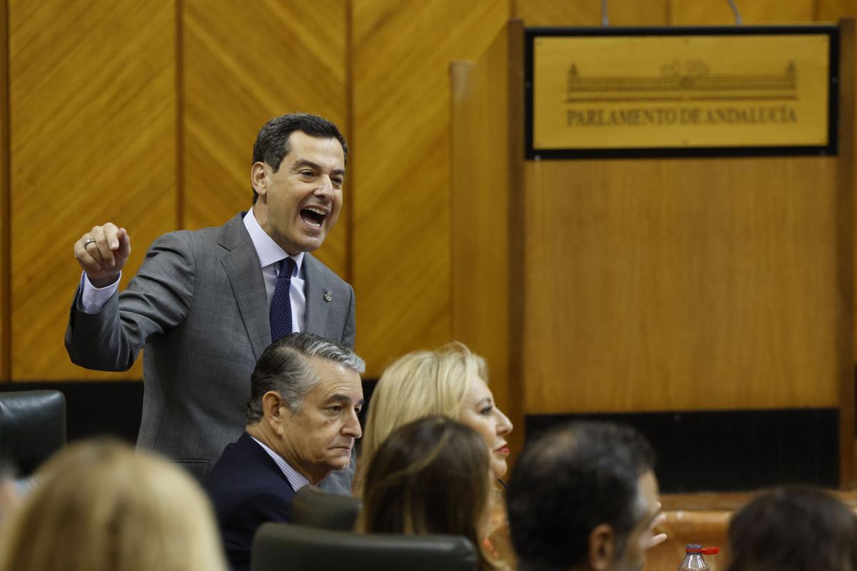 El presidente de la Junta de Andalucía, Juanma Moreno, durante su intervención en el pleno del Parlamento.