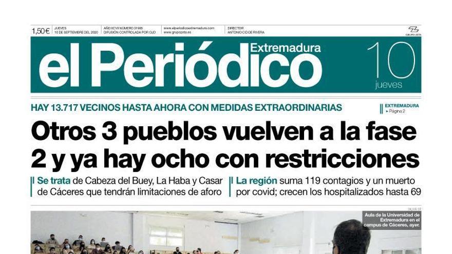 Esta es la portada de EL PERIÓDICO EXTREMADURA correspondiente al día 10 de septiembre del 2020