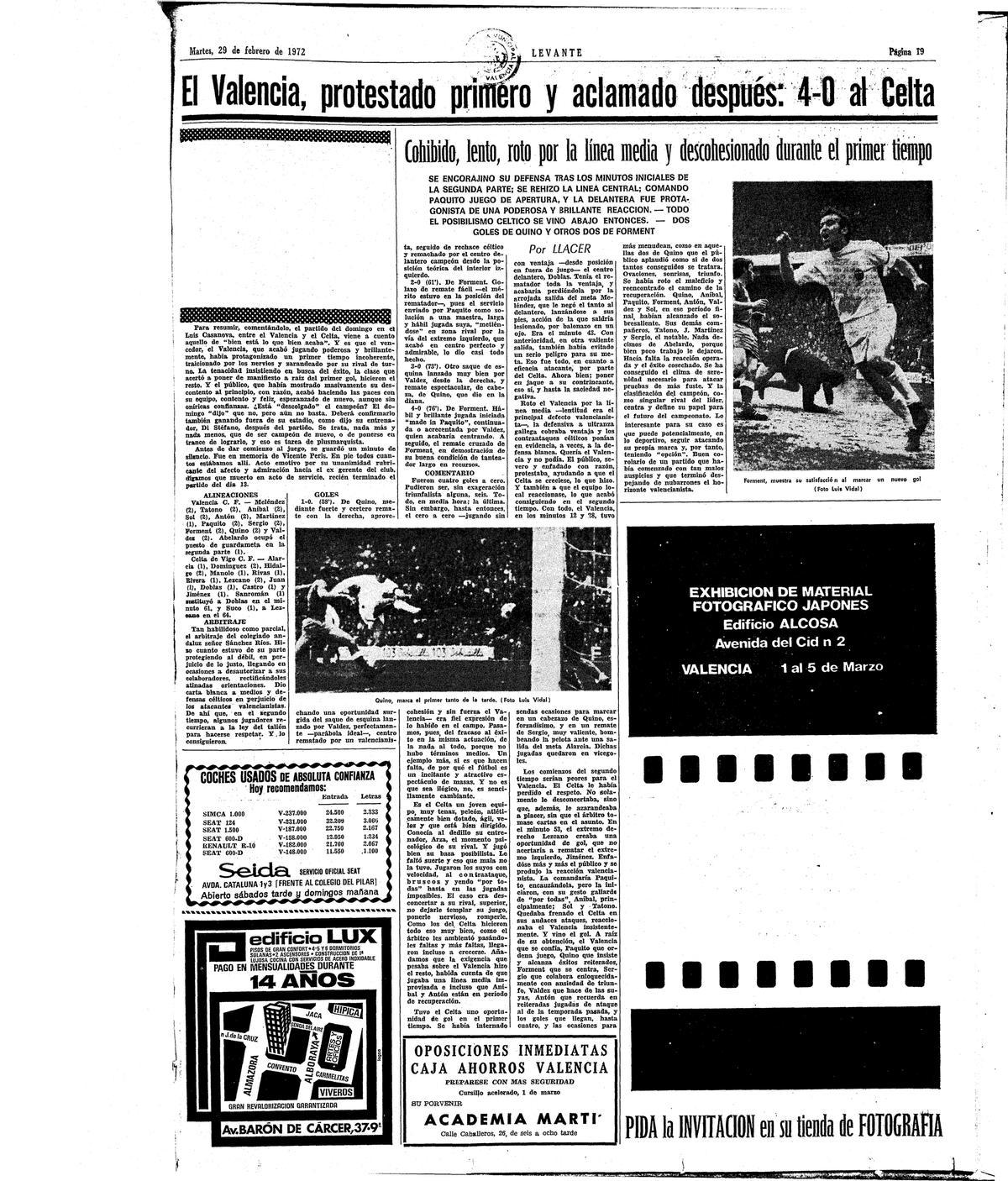 Crónica en el diario Levante del Valencia-Celta de 1972.