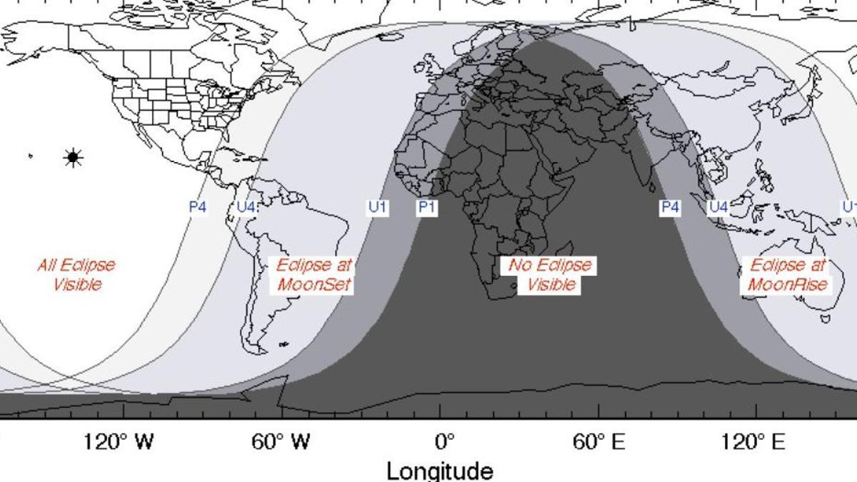 Mapamundi con las zonas donde será visible el eclipse parcial de luna: all eclipse visible (todo el eclipse visible), eclipse at moonset (eclipse visible cuando se ponga la luna), no eclipse visible (el eclipse no se verá), eclipse at moonrise (eclipse visible cuando salga la luna).