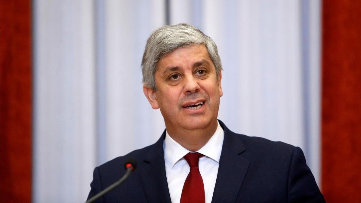 El ministro de Hacienda de Portugal, Mario Centeno, durante una rueda de prensa en Lisboa.