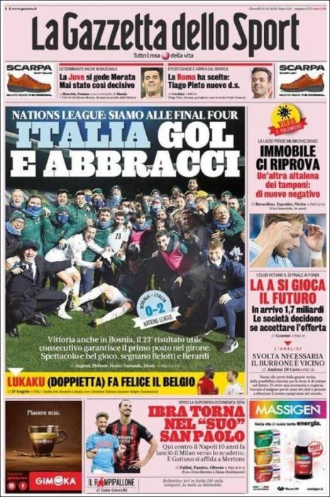 Portada GAZZETTA DELLO SPORT 19 noviembre 2020