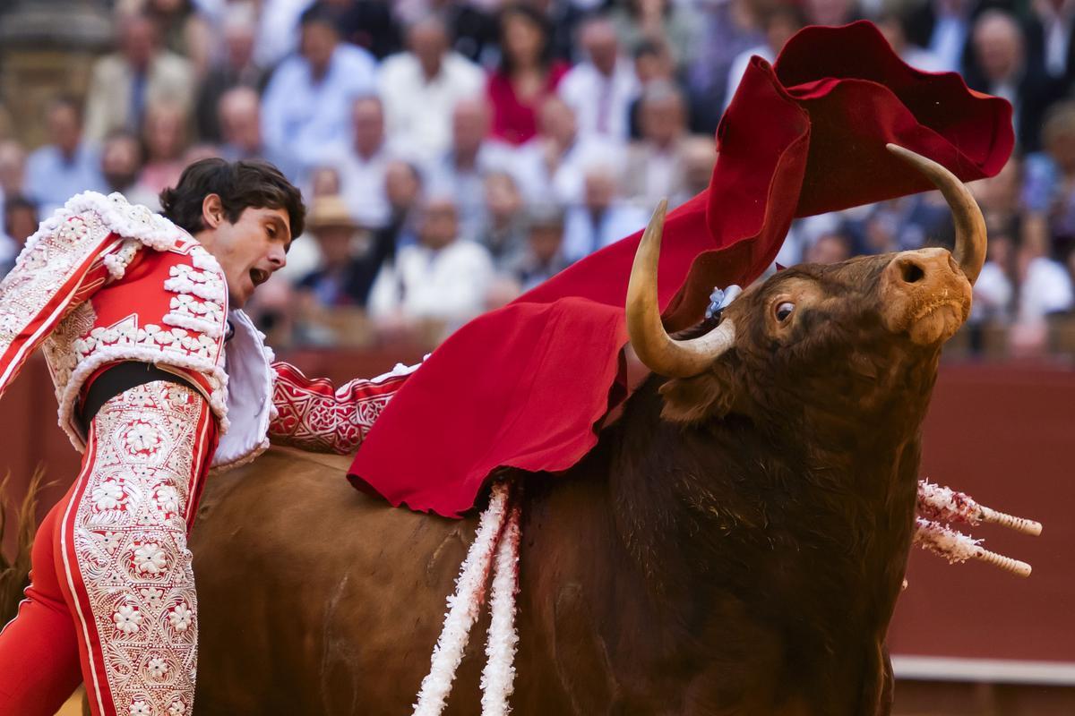 SEVILLA, 19/04/2024.- El diestro Sebastián Castella con su segundo toro de la tarde en el festejo de la Feria de Abril que se celebra este viernes en la Real Maestranza de Sevilla. EFE/ Raúl Caro