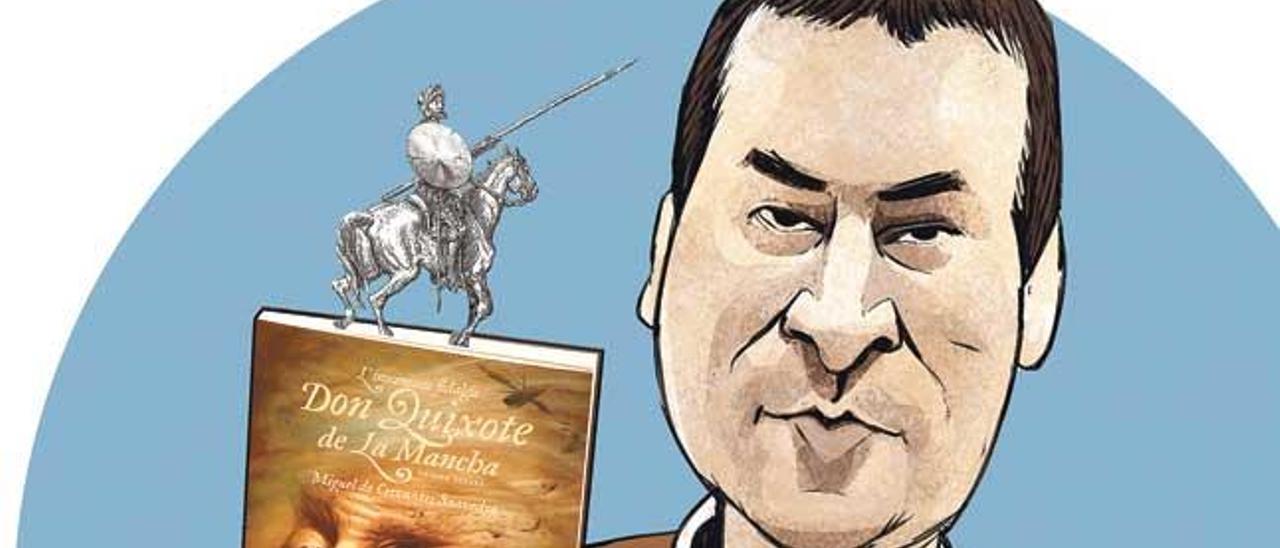 Caricatura de Pablo Suárez, reciente traductor del ´Quijote´ al asturiano.